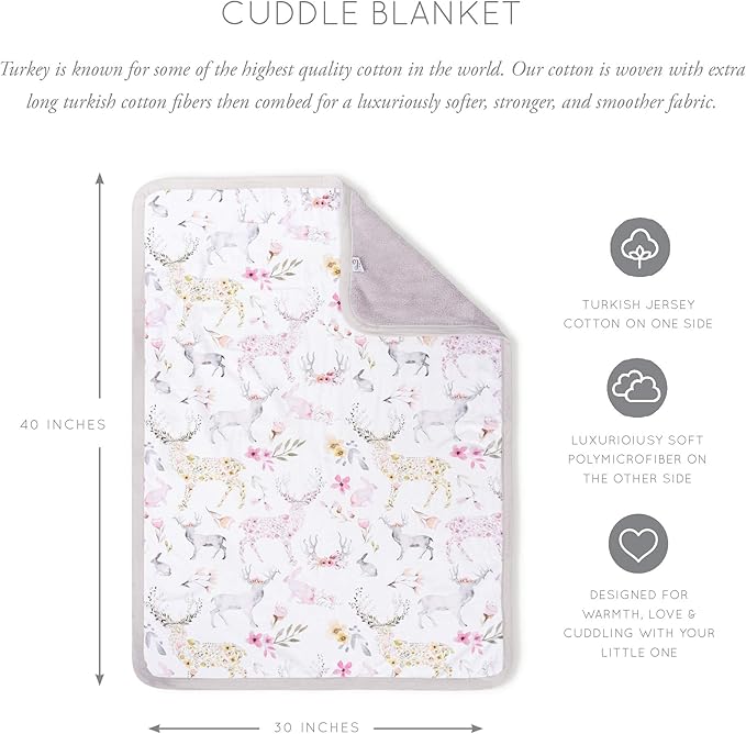 Oilo Baby Blanket, Luxury Soft Plush Chenille Backing & Turkish Cotton Jersey Print, Double Layered, 30" x 40", Rolled Jersey Edge Trim, Machine Washable, Perfect for Infant or Toddlers, Woodland Fawn