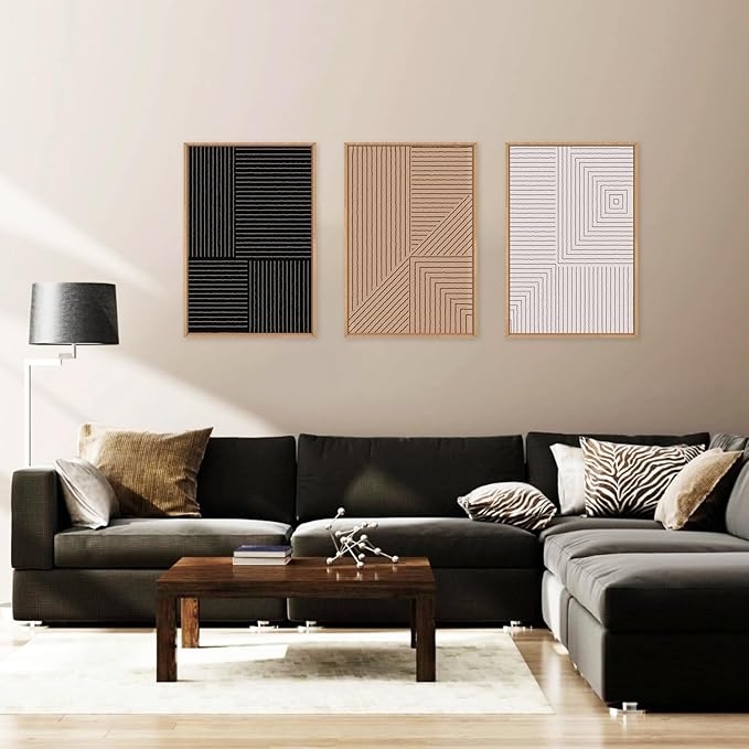 HLNIUC Large Black and White Neutral Wall Art 3 Piece, Boho Abstract Canvas Wall Decor, Minimalist Geometric Line Painting, Mid Century Modern Art Print for Living Room, Bedroom, Office 16x24 In