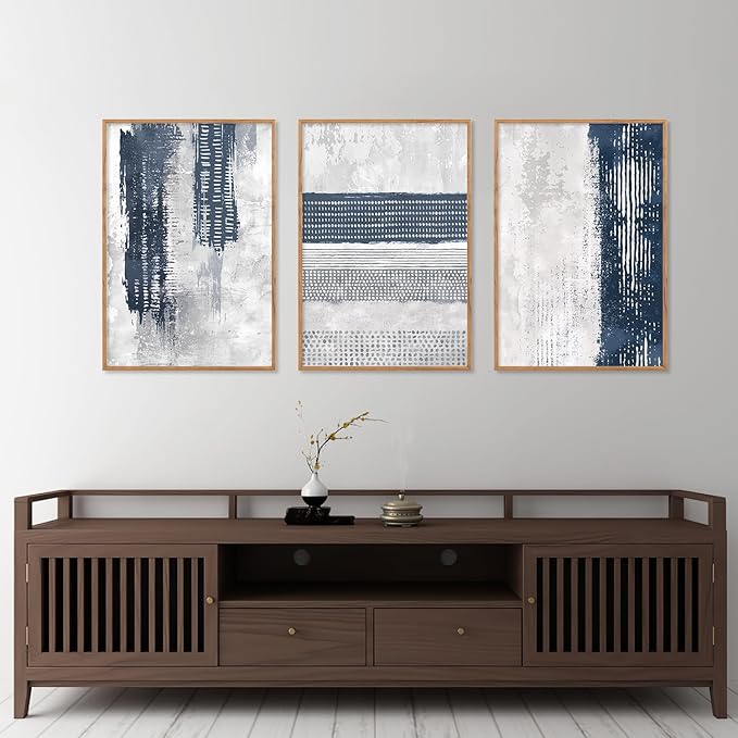 HLNIUC Navy Blue Abstract Framed Wall Art Set, Neutral Minimalist Canvas Wall Decor, Mid Century Modern Wall Painting, Grey Geometric Art Print for Living Room, Bedroom, Office - 24"x36"x3