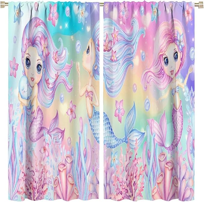 Cartoon Mermaid Kids Curtain Fantasy Ocean Theme Coral Flower Floral Window Treatment for Kids Girls Bedroom Nursery Room Decor Rod Pocket Blackout Window Drapes 42x54in