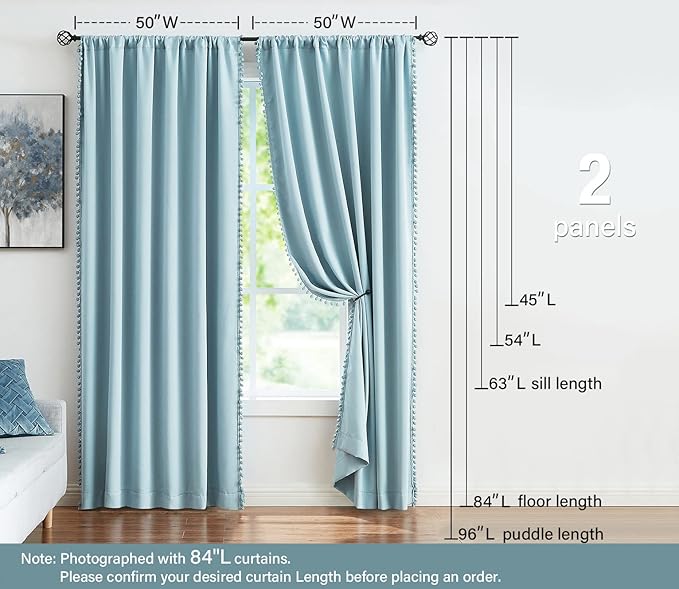 Treatmentex Blue Pompom Curtains for Bedroom Living Room 95 inch Triple Weave Half Blackout Window Curtains for Hotel Men's Guest Room Drapes 52" w x2 Panels Rod Pocket
