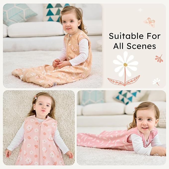 Baby Sleep Sack 18-24 months, 100% Cotton Sleeping Sack for Newborn and Infant, 3 Pack Baby Wearable Blanket for Boy and Girl, 0.5 Tog Lightweight Double Zipper Sleep Bag Pink Orange Flower