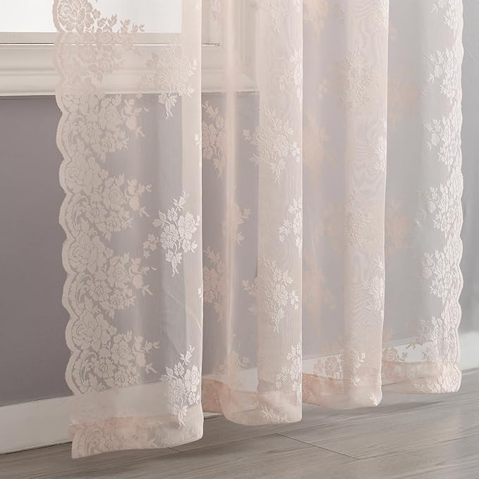 Kotile Blush Pink Sheer Curtains 84 Inches Long, 2 Panels, W42 x L84 Inch Each, Country Rusitc Floral Vintage Lace Curtains for Living Room Rod Pocket Light Filtering Privacy Sheer Window Lacy Curtain