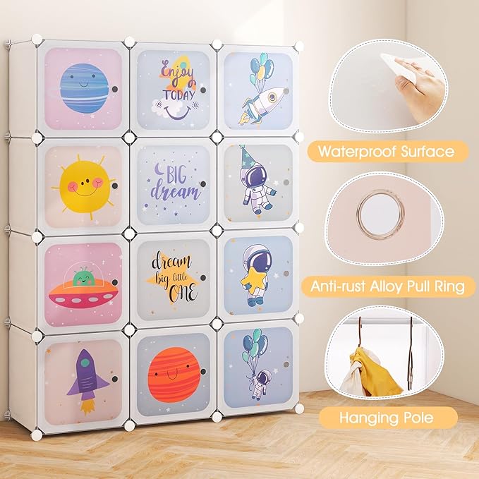 INFANS Children Wardrobe, Kid Closet Portable Baby Dresser Cute for Kids Bedroom Nursery Armoire with Doors 12 Cube 2 Hanging Sections, Kid Clothes Storage Organizer (White, 12 Cubes)
