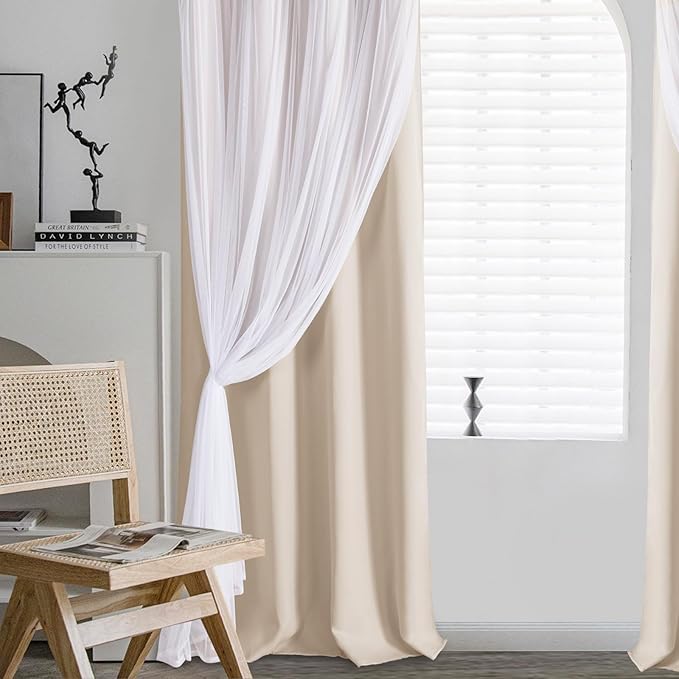 DWCN Beige Layered Curtains for Living Room Blackout and Sheer Curtains Grommet Top Window Treatment with Sheer Overlay for Bedroom, 52 W by 63 L, 2 Pieces
