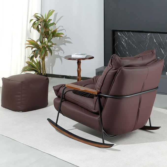 zyz Rocking Chair with Ottoman and Pillow, Mid-Century Modern Recliner, Reclining Nursery Rocker, Wood Armchair, 25° Rocking Motion, Lazy Sofa for Living Room Bedroom Balcony, PU Leather (Dark Brown)