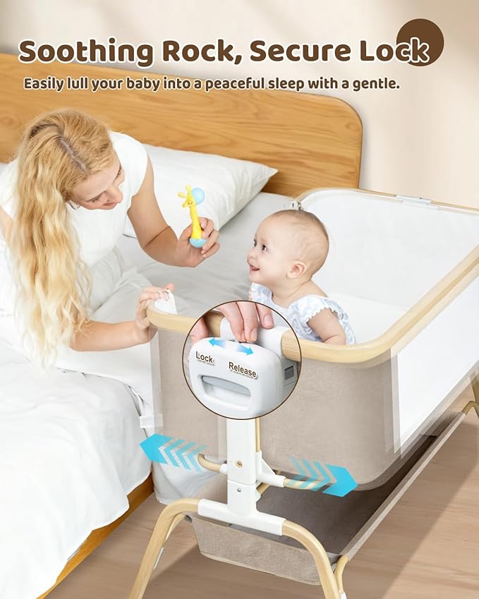 Baby Bassinet, Rocking Bedside Sleeper, Detachable & Portable Bassinet with 8-Level Height, Breathable Mesh, Storage Basket & Rotating Mobile Toy for Newborns Infant(Khaki)
