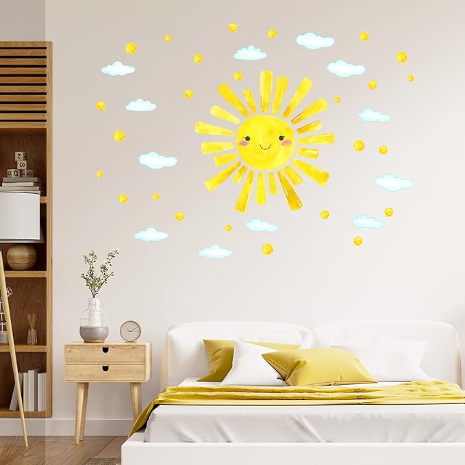 Radiant Smile Sun and Cloud Wall Decals - 12 Sheets Window Clings Watercolor Large Peel and Stick Wall Stickers for Kids Room, Nursery, Bedroom, Playroom Decor