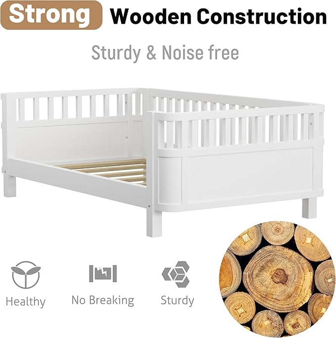 Twin Size Montessori Bed with Guardrails, Wood Kids Bed Frame with Slats Support, Low to Ground Modern Baby Bed with Removable Side Rails for Boys Girls Bedroom Living Room, White