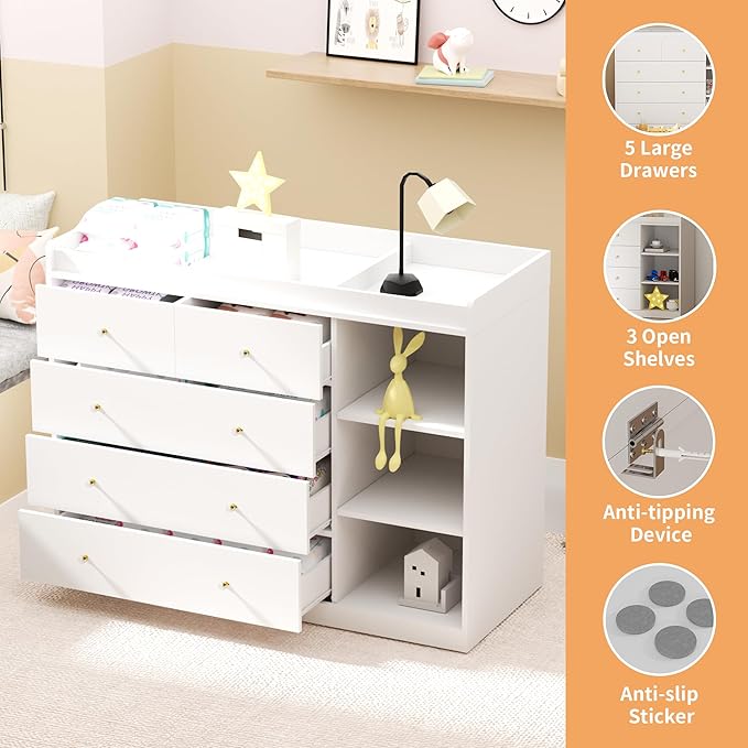 47.2" White Nursery Dresser with 5 Drawers and 3 Open Shelves Changing Table Dresser with Changing Table Top Diaper Changing Station with Storage for Nursery Children's Room