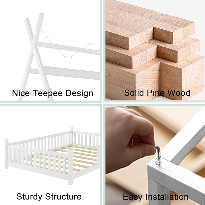 Montessori Bed Full Size with Light and Slats, Wood Teepee Floor Bed for Kids Boys Girls,House Bed Frame with Rails & Roof,No Box Spring Needed, White