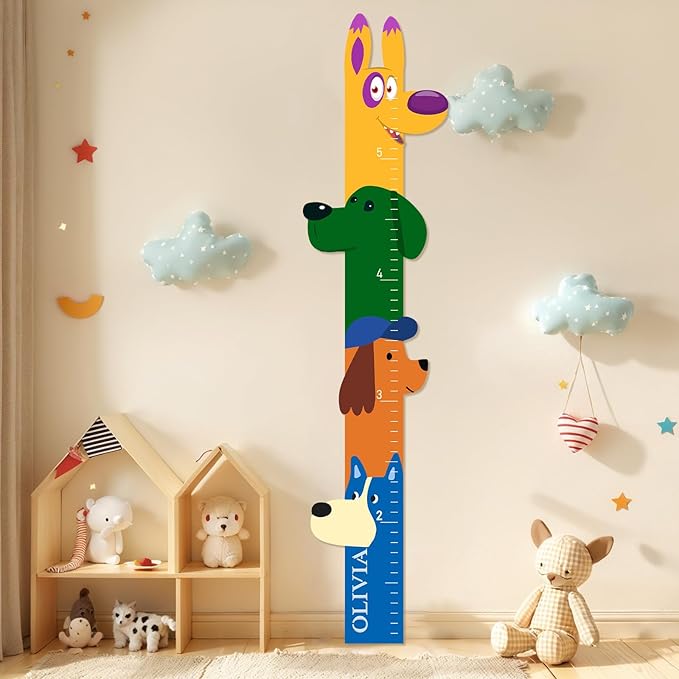 Personalized Name Wooden Growth Chart for Kids – Big Ear Dog Wall Growth Chart, Custom Height Ruler for Nursery, Bedroom, Playroom Decor, Birthday Gift for Boys and Girls