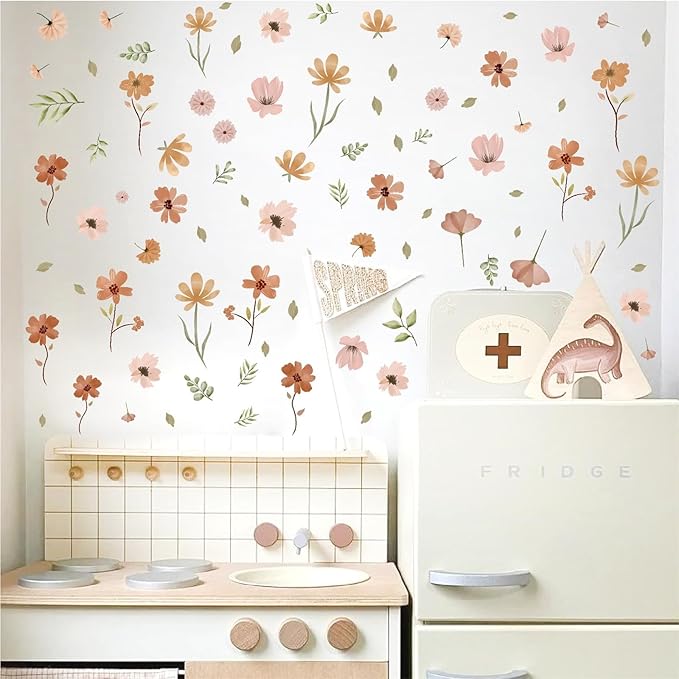 Small Flower Wall Stickers Boho Floral Wall Decals Watercolor Wildflower Decals Cute Flowers Stickers Removable Retro Floral Decal for Nursery Girls Bedroom Decor