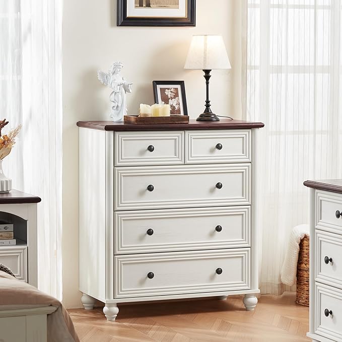 Farmhouse 5 Drawer Dresser for Bedroom, 35.5" Tall Small Dressers & Chest of Drawers, Rustic Wood Dresser with Roman Column, Storage Organizer for Living Room, Hallway, Closet (White)