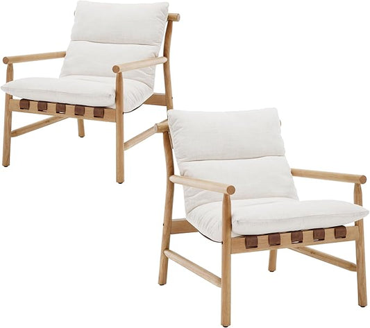 Linen Accent Chair Set of 2 Mid Century Modern Living Room Chairs Comfy Arm Chair with Solid Wood Frame Upholstered Lounge Reading Chair Cozy Recliner for Bedroom/Guest Room, Beige…
