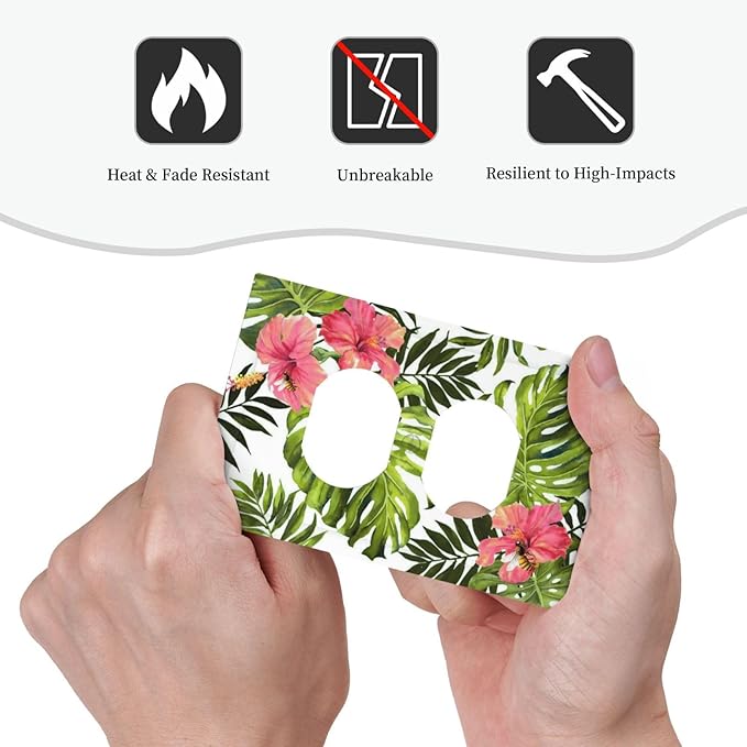 Tropical Plant Green Palm 1 Gang Duplex Outlet Covers Light Switch Cover Decorative Electrical Switchplate Banana Leaves Pink Flower Rainfores Jungle Botanical Faceplate for Bathroom Bedroom