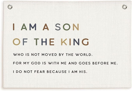 Lacama Christian Wall Decor for Boys Room,Baby Boys Nursery Decor,Bible Verse Wall Linen Hanging Banner Flags,I Am The Son of A King Neutral Wall Decor,Birthday Christmas Gift 30x20 Inch