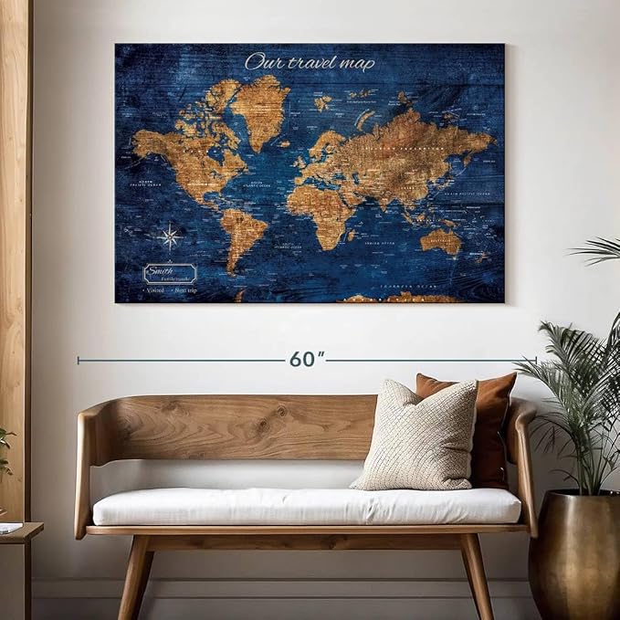 ElephantStock - Personalized Our Travel I Push Pin World Map Wall Art - Horizontal Canvas Wall Art - Living Room Wall Decor - Digital Art Map Canvas Art - Brown And Blue Decor - 51" x 34"