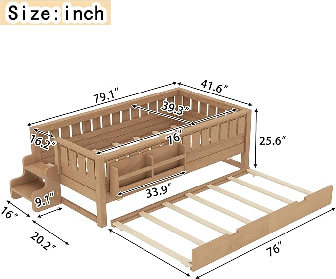Bellemave Twin Size Kids Bed with high Rails and with Built-in Bookshelf and Trundle for Kids, Girls, Boys, Wood Montessori Bed Without Door, Natural