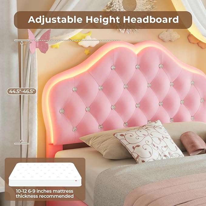 BTHFST Twin Size Girl Bed with Storage Drawer & LED Lights, Upholstered Platform Bed, Adjustable Headboard with Velvet Crystal Button Princess Bed, Solid Wood Slats Support, No Box Spring Needed, Pink