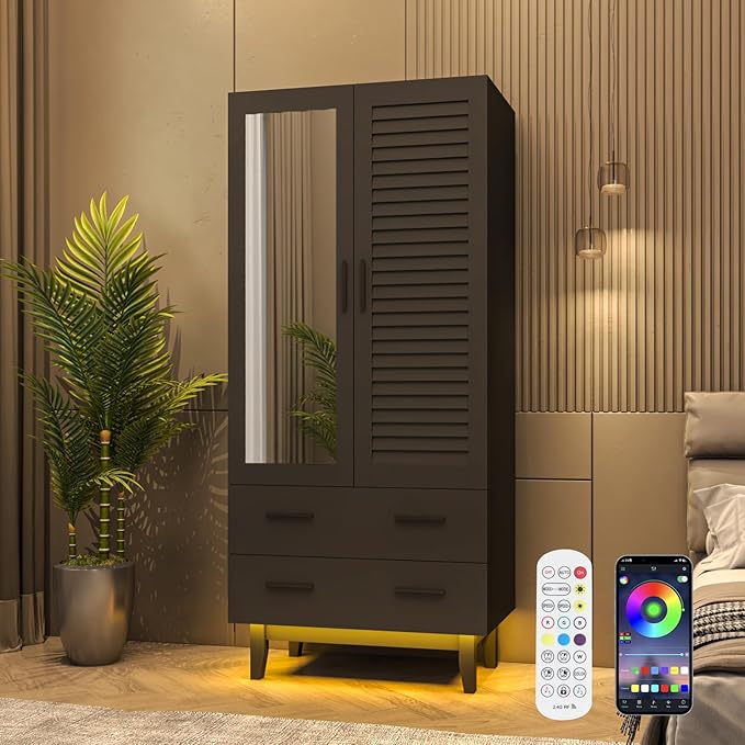 2 Door Armoire Wardrobe Closet Cabinet with Mirror, Drawers and LED Lights, Multi-Tier Shelves, Hanging Rod & 2 Louver Doors, Large Capacity Storage Wardrobe Armoire for Bedroom, Black