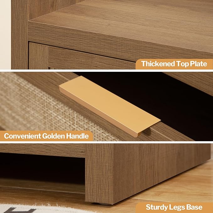 SICOTAS Dresser for Bedroom Chest of Drawers 46" Tall Dresser for Closet with 5 Rattan Drawers Boho Nightstands Set of 3 Large Clothes Storage Cabinet TV Stand for Living Room Hallway Nursery Entryway