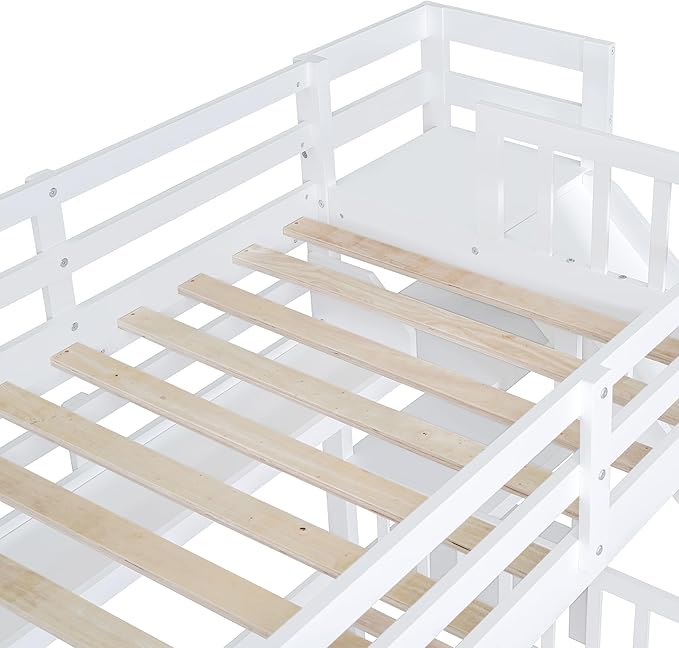 Twin-Over-Twin Castle Style Bunk Bed with 2 Drawers and 3 Shelves, Wood Bunk Bed Frame with Slide and Storage Staircase for Kids Teens Boys Girls, Maximize Space Savings