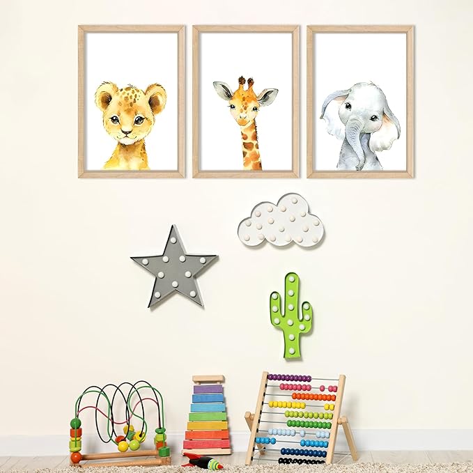 YWJKWLGS Baby Safari Nursery Wall Decor 16"x11" Set of 3 Cute Animal Giraffe Elephant Lion Prints Sign Wood Framed for Children's Room Wall Art (Wood)