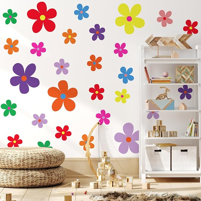TaoBary 12 Sheets Daisy Wall Decal Flower Wall Sticker Cute Daisy Sticker Pink White Flower Decal Peel and Stick Floral Wallpaper for Nursery Bedroom Home Decor(Vivid Color,Exquisite Style)