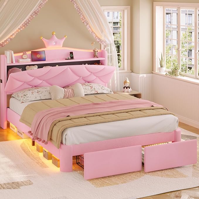 MSmask Full LED Bed Frame with Storage Headboard & 2 Storage Drawers, Princess Upholstered Bed with Charging Station & Crystal Button & Crown, Velvet Platform Bed for Girls, Curved Legs, Pink