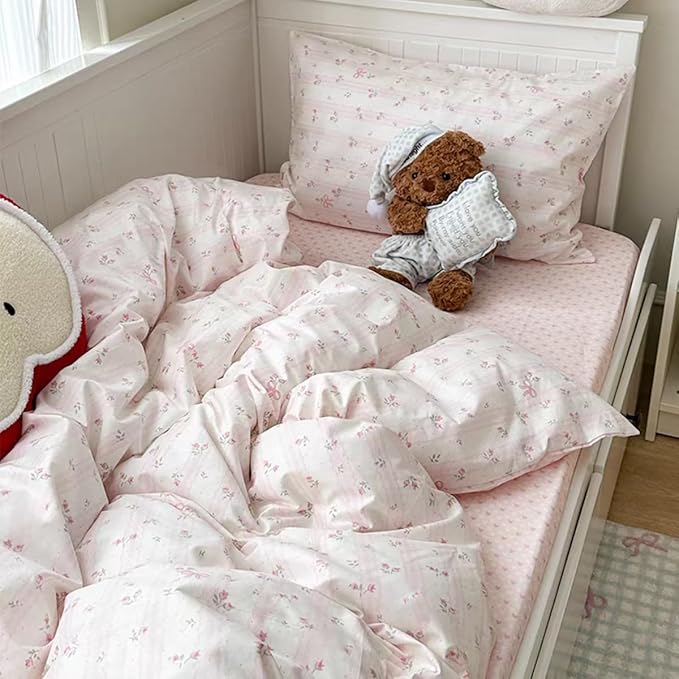 Striped Duvet Cover Queen Size Pink Floral On White Bedding Set with Bow Pattern 3 Pieces Kids Boys Girls Cute Bowknot Reversible Princess Style Soft Duvet Cover Set with Zipper Closure