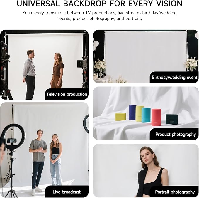 YSKE-Y1 10x7 FT White Seamless Fabric Photo Backdrop with 3.1-Inch Rod Pocket for Photography Studio, Video Shoot, Party