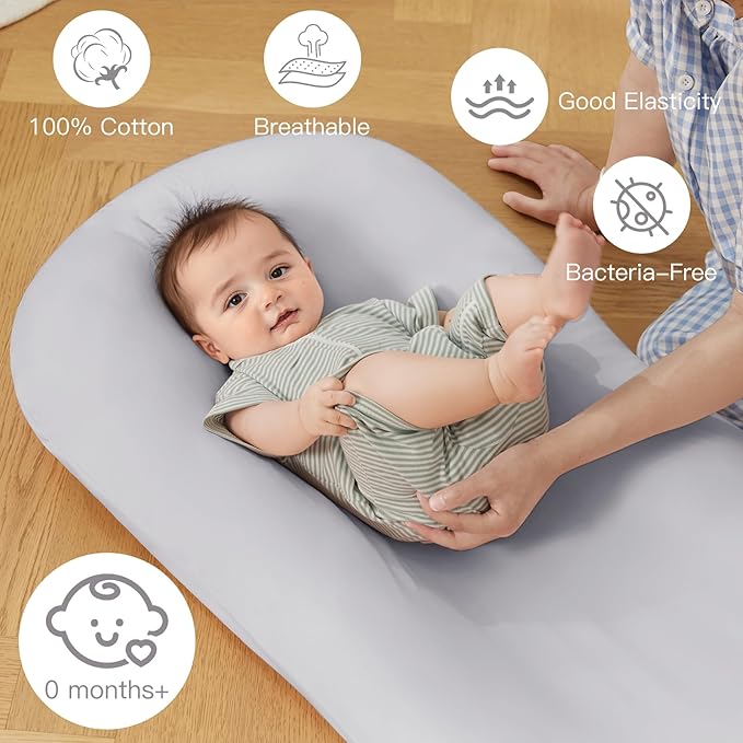 Lucakuins Baby Lounger, Bionic Design Baby Lounger for Newborn 0-24 Months, Soft Organic Cotton Breathable Lounger for Infants (Grey Newborn Lounger)
