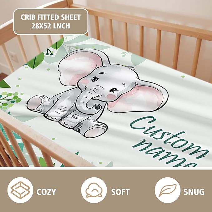 Personalized Crib Bedding Set for Boys Girls, Custom Baby Crib Sets with Name, Green Elephant Design Nursery Bedding 2 Piece - Soft Blanket with Double Layer Dotted Backing, Crib Fitted Sheet