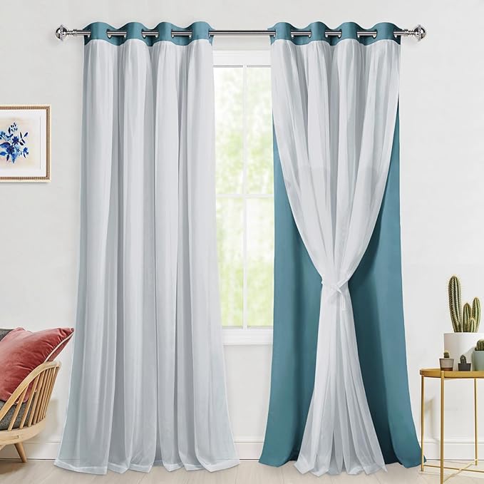 Hiasan Mix & Match Blackout Curtains with Sheer Overlay, Double Layer Thermal Insulated Privacy Grommet Window Curtains for Girls Bedroom,Living Room,2 Drape Panels with Tiebacks,Stone Blue,52W X 96L