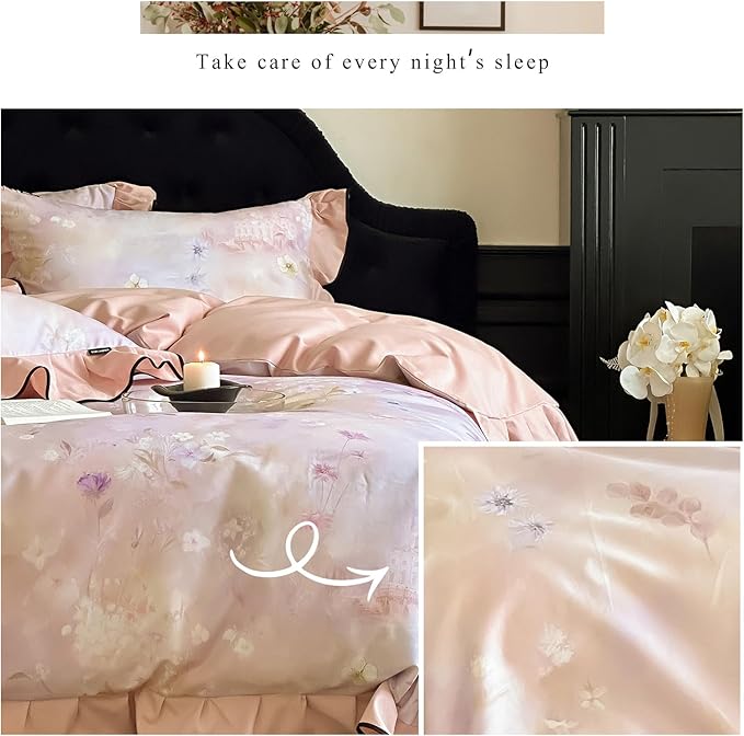 HighBuy College Girl Ruffle Duvet Cover Set Twin XL,Brushed Cotton Comforter Cover Pink Floral Lace Bedding Set Chic Cottagecore,Durable Soft Duvet Cover Set with Zipper,Breathable