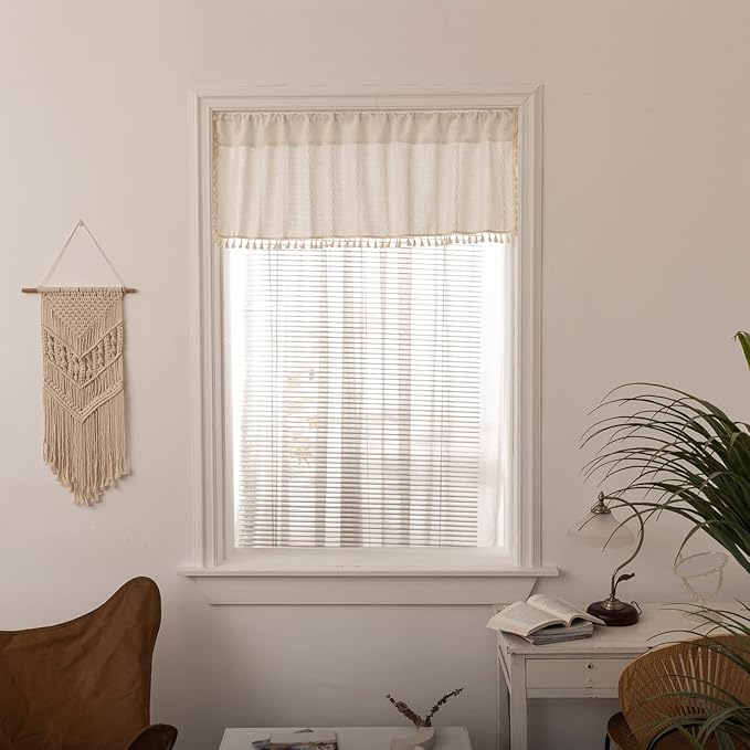 Deeprove White Boho Tassel Valance for Cafe Kitchen Decor, Bohemian Farmhouse Cream Cotton Linen Short Curtains French Country Window Treatments Tier Panel, W52 x L18, 1 Piece