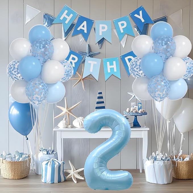 2nd Birthday Decorations For Boy -12 Inch Blue White Balloons, 40 Inch Blue 2 Balloon,, Happy Birthday Banner for Baby Boy 2 Year Old BD Party Decorations
