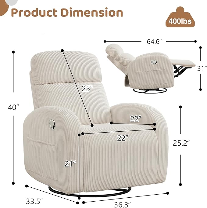 Swivel Recliner Rocker Nursery, Nursering Glider Recliner, Manual Swivel Rocking Reclining with Double Pockets for Living Room, Corduroy Cream White