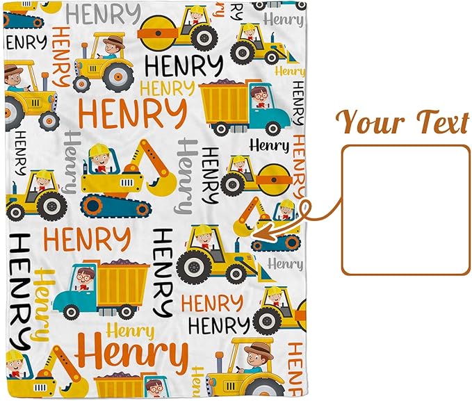 Personalized Baby Blankets for Boys, Custom Name Blanket Birthday Gift for Kid, Soft Flannel Blanket with Dotted Backing for Infants Toddlers, Customized Gifts, Yellow Truck(30”x40)