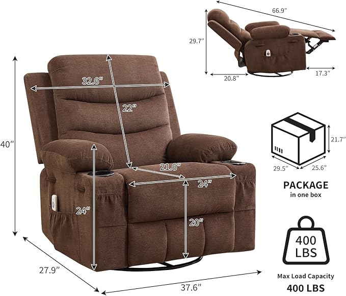 Recliner Chair Nursery, Oversized Manual Reclining Rocking Chair, 360 Swivel Glider with Cup Holder, Massage and Heat Recliner, Indoor Small Single Sofa Chairs for Adults, RV, Bedroom