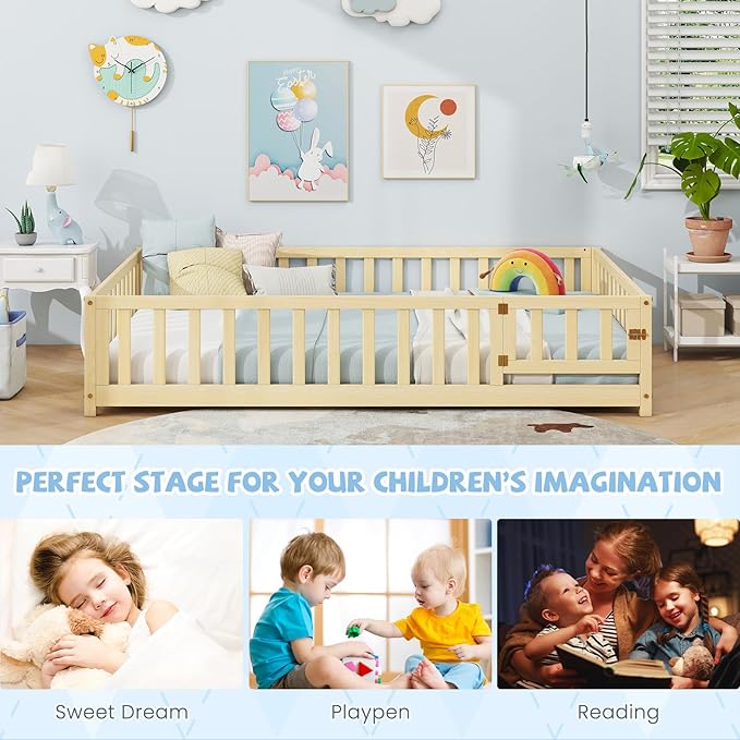 Giantex Full Floor Bed with Fence for Kids, Montessori Bed Frame with Door and Safety Guardrails, Solid Wood Floor BedsFull with Slats Support for Kids Boys Girls, Natural