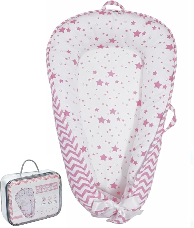 Baby Lounger | Organic Cotton Infant Lounger | Reversible, Adjustable & Portable Floor Lounger | Supervised Use | Soft, Breathable, Washable Cover - Star Collection (Pink)