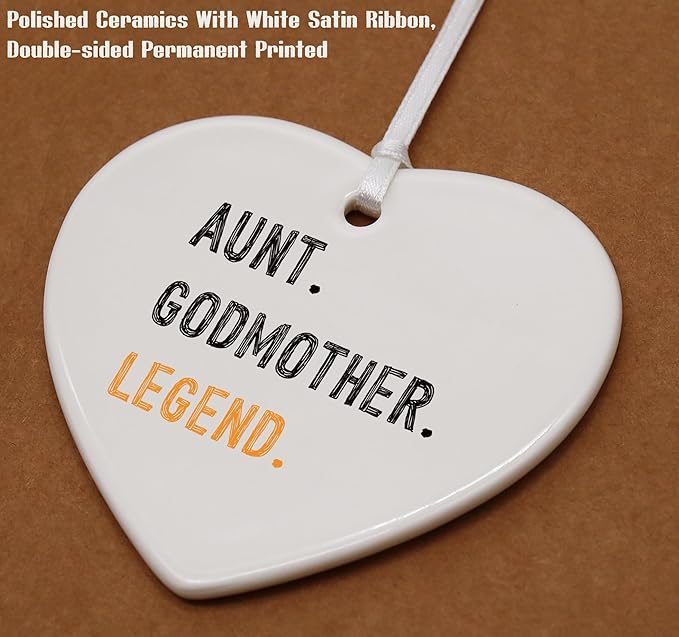 Heart Shaped Christmas Ornament-Aunt Godmother Legend Gift-Appreciation Keepsake for Mother’s Day Baptism Baby Shower Thank You Present-Ceramic Plaque Ornament