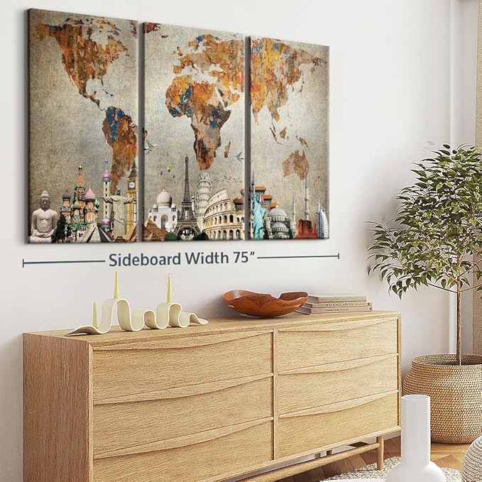 ElephantStock Rusty World Map Multi Piece Canvas - 3 Piece Canvas World Map Wall Decor - Wall Decor - Ready-to-Hang Print - Vintage Wall Art - 74" X 48"