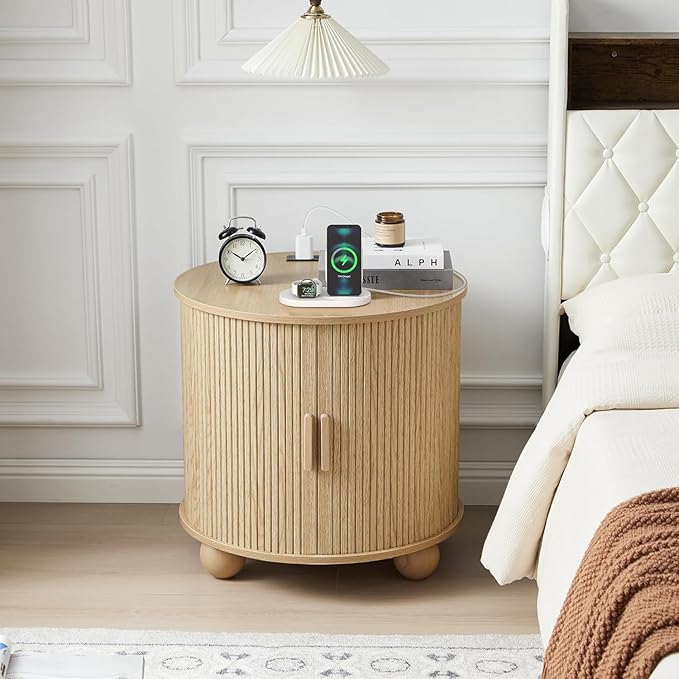 AVZEAR Fluted Round End Table with Charging Station, Farmhouse 24" Large Sofa Side Table with Sliding Door & Storage, Mid-Century Modern Wood Nightstands for Living Room, Bedroom, Natural