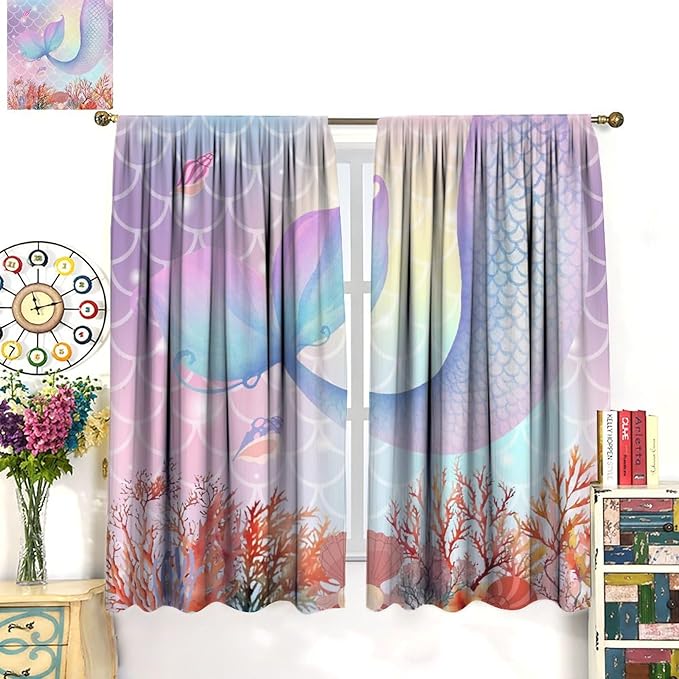 Dream Mermaid Curtains Colorful Mermaid Fish Tail Scale Fantasy Ocean Theme Beautiful Kids Window Treatment for Girls Bedroom Nursery Room Decor Rod Pocket Window Drapes 42x54in