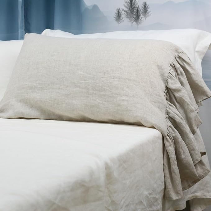 Nature Linen Ruffled Pillowcase, 100% French Linen Pillow Cover, 20x30'' Queen Size 1 Pack Farmhouse Pillow Case, with Decorative Ruffle Envelope Closure (Queen, Flax, 1 PCS)