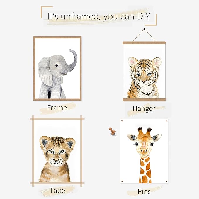 Nursery Baby Room Wall Art Decor, Jungle Nursery Baby Animal of Tiger Lion Elephant Decorations, Nursery Safari Cute Animal Decor for Baby Bedroom (8"x10", UNFRAMED)