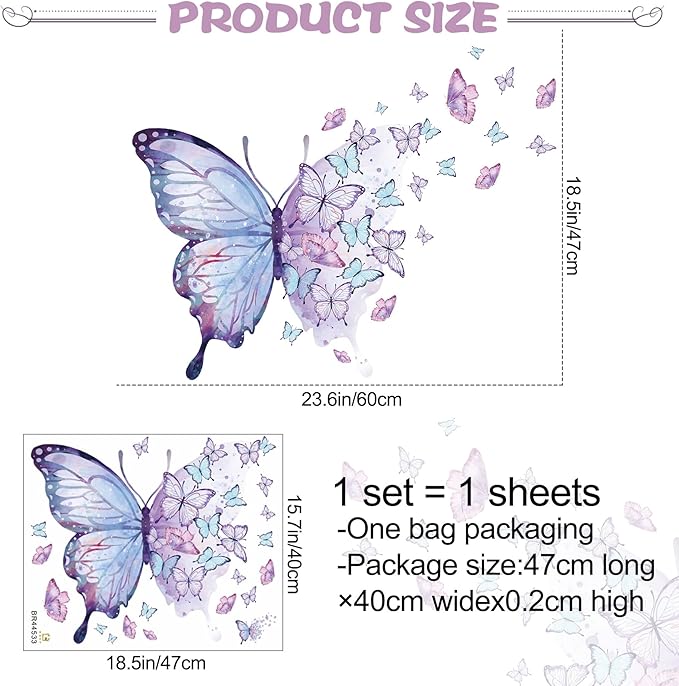 Purple Blue Butterfly Wall Decals Removable Butterfly Flower Wall Stickers Peel and Stick Butterflies Wall Decor Stickers for Kids Girls Bedroom Nursery Bathroom Decorations BR44533